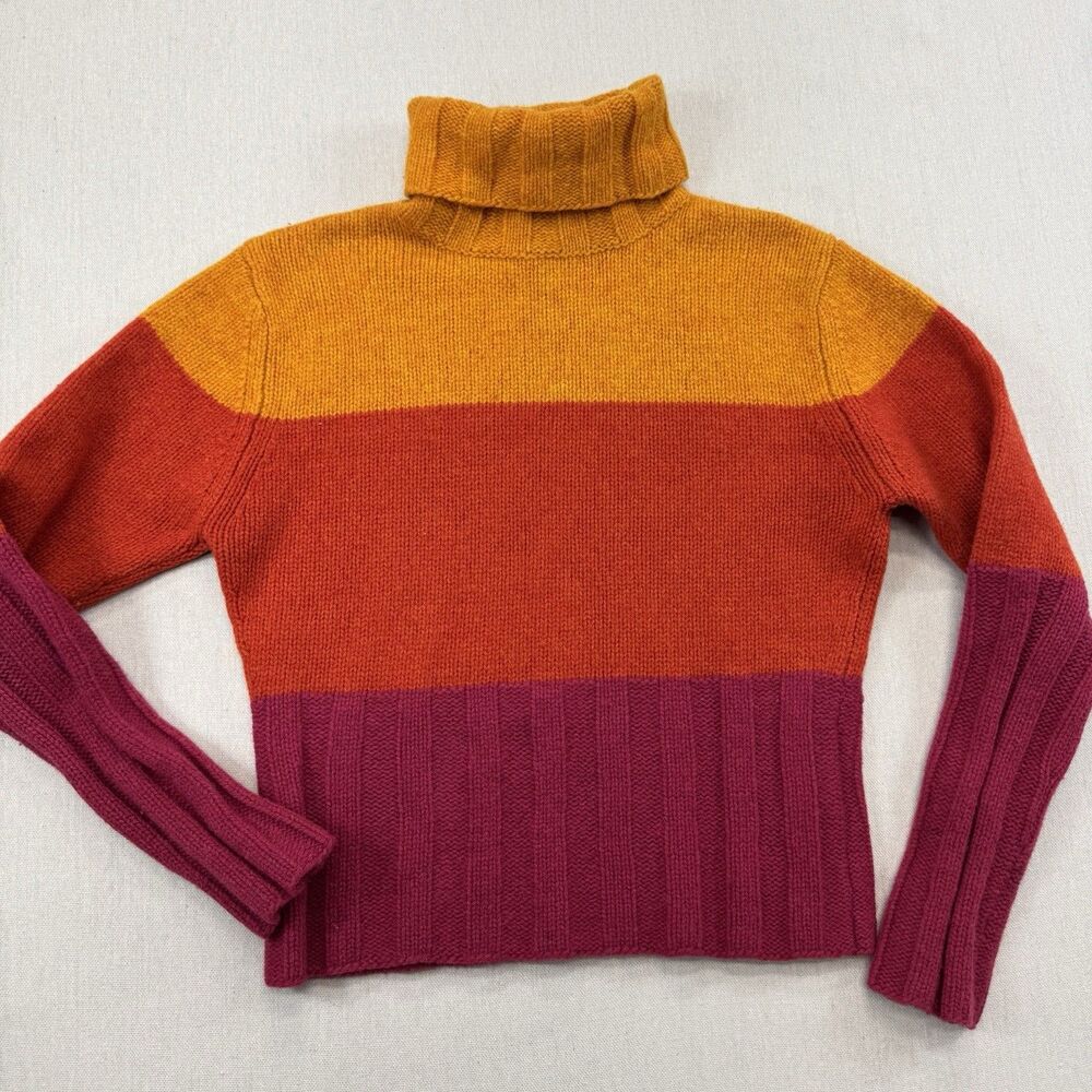 JEFF Wool Sweater Size 3 Merino Lambswool Colorblock Turtleneck Orange Pink